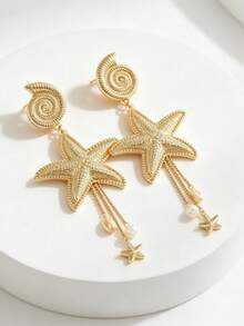 1 Pair Ocean Ins Style Metal Starfish & Shell Earrings, Bohemian Faux Pearl Long Tassel Kids Dangle Earrings - Multicolor - View 3
