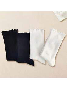 1/3/5/10/20 Pasang Kaos Kaki Pendek Wanita Lucu dengan Hiasan Rumbai, Putih dan Hitam, Campuran Poliester Spandex, Dapat Dicuci dengan Mesin - MultiWarna - View 2
