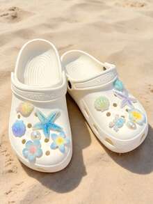 12pcs Ocean Series Blue Tone Clog Shoe Charms, Starfish Shell Shoe Accessories, Removable Conch Shell Decorations For Beach Shoes DIY Decor Buckles - Blue and White Starfish - View 5