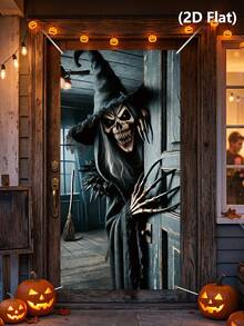 1pc Halloween Door Cover, Witch Pattern Bedroom Door Decor, Halloween Backdrop, Halloween Party Supplies, Halloween Hanging Banner, Scary Halloween Photography Props, Haunted House Decor, Trick Or Treat Decor, Halloween Gifts, Party Gifts, Photo Studio Props, Halloween Home Decor, Room Decor, Outdoor Garden Supplies, Yard Decor, Christmas Decor, 2027 New Year Party Decor, New Year Gifts, Winter Decor - Skeleton Witch - View 10