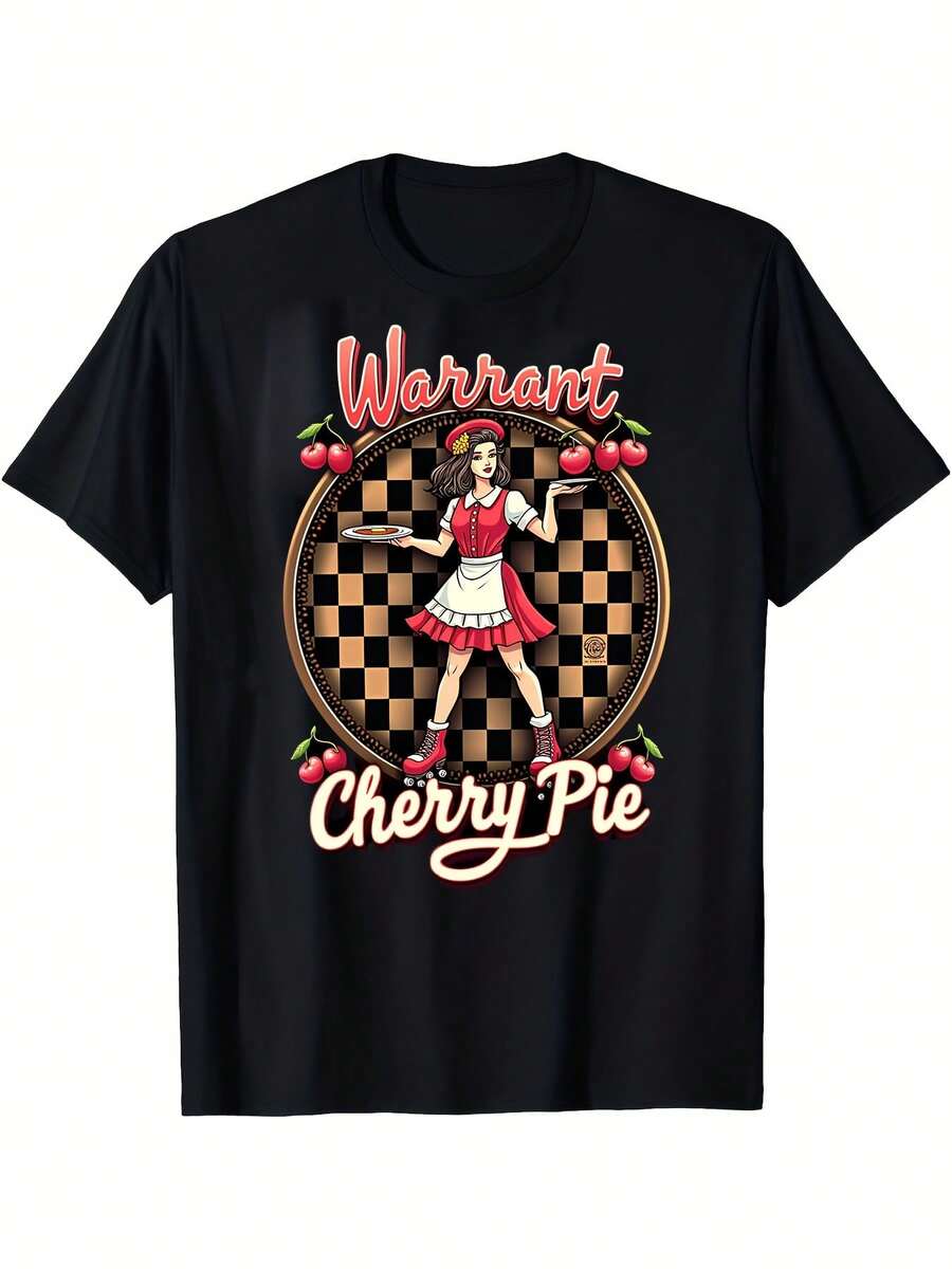 Warrant Cherry Pie Girl All-Season Cotton Short Sleeve Crew Neck T-Shirt With Single-Sided Print - Black - View 1