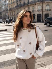 Femmes Tricot Lâche Motif cœur Décontracté, Col Rond Manches Longues, Tricot De Base, Tenue décontracté Chic, Top D'automne, Pull D'automne, Vêtements D'hiver Pour Femmes, Vêtements D'automne/Hiver Pour Femmes, Vêtements D'automne Blanc - Blanc - Voir 6