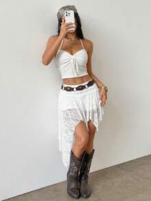 PETITE Women's Spring/Summer Streetwear Vintage Boho Beach Y2K Lace Comfortable Stretchy White Mini Asymmetrical Ruffle Skirt Skort - White - View 1