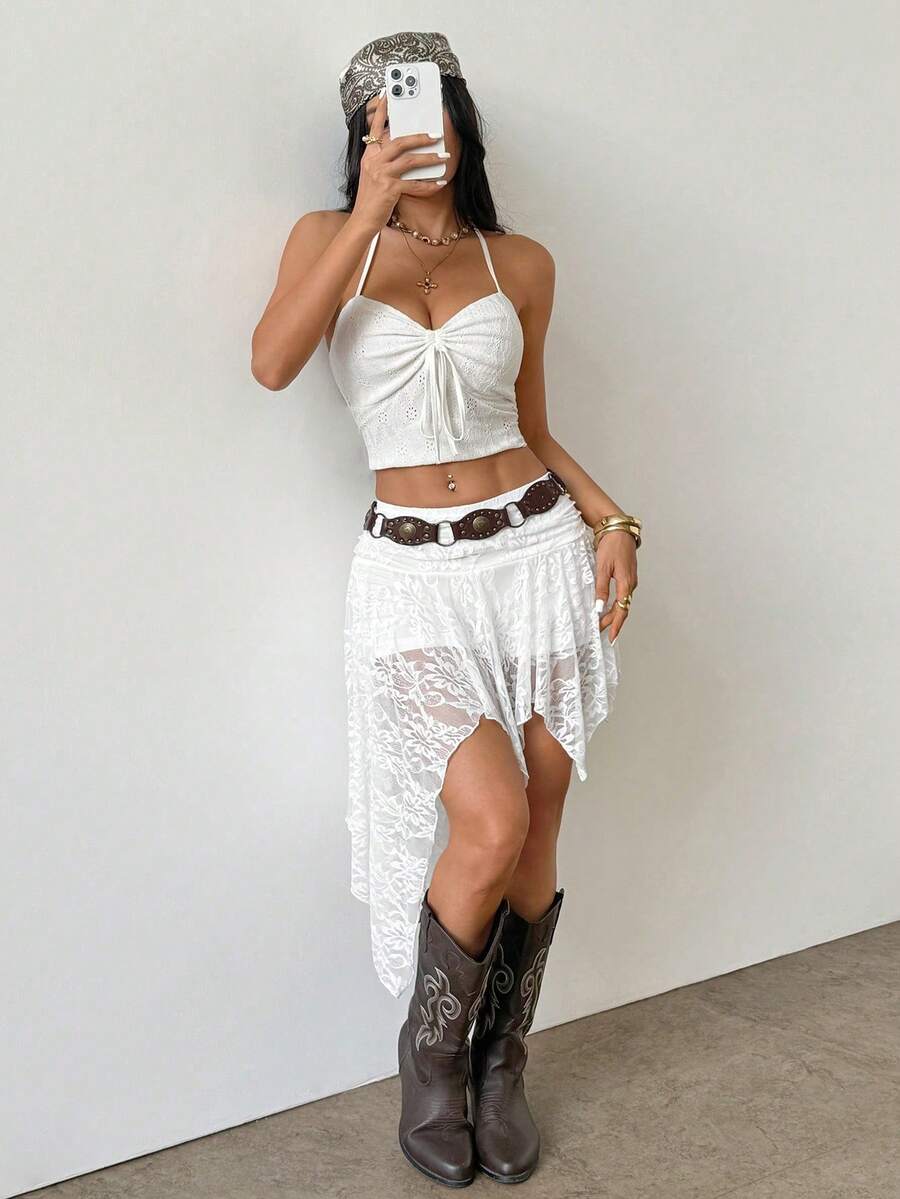 PETITE Women's Spring/Summer Streetwear Vintage Boho Beach Y2K Lace Comfortable Stretchy White Mini Asymmetrical Ruffle Skirt Skort - White - View 1