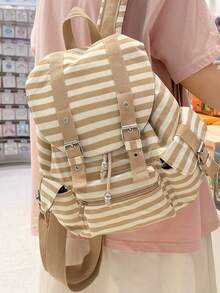 1pc Minimalist Large Capacity Multi-Pocket Striped Backpack - Khaki - View 3