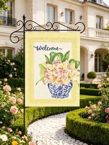 1 pieza Bandera de jardín floral de porcelana con patrón de encaje amarillo, impresión 2D de doble cara, 12*18 pulgadas, solo la bandera sin poste, accesorio decorativo atmosférico, adecuado para decoración del hogar, jardín y patio exterior, regalo festivo - Varios colores - Ver 9