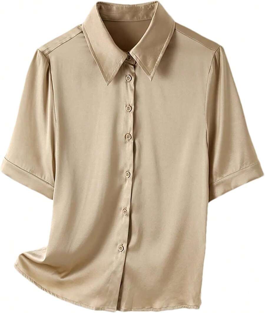 Blusa de satén de seda con botones para mujer, estilo casual, cuello desdoblado, para oficina y dama, Color, Medium - 1 - Ver 1