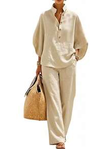 Conjunto de Dos Piezas de Lino y Algodón para Mujer con Manga de Murciélago, Camisa con Botones y Pantalones de Pierna Ancha, Atuendo Casual de Verano - Negro - Ver 10