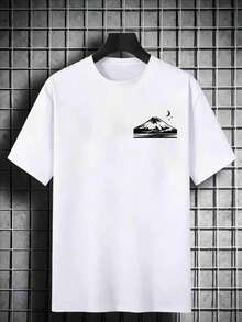 [Comfortable|Loose] Comfortable Loose Japanese Style T-Shirt | Red Sun Landscape Tower Pattern | Traditional Architecture Cherry Blossom Mountain View - 黑色 - 查看 11
