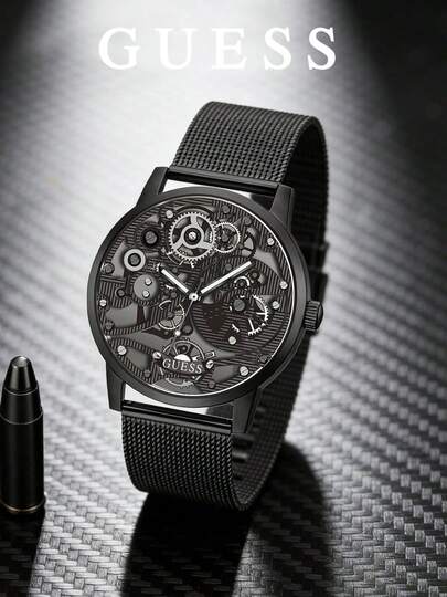 Guess Gadget Men's Analog Quartz Watch, 42mm All Black Stainless Steel Case, Skeleton Gear Dial, Adjustable Black Mesh Bracelet GW0538G3