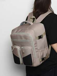 Women's Colorblock Nylon Multi-Pocket Casual Backpack, Suitable For School, Travel, Work (Back To School Backpack) - Khaki - View 3