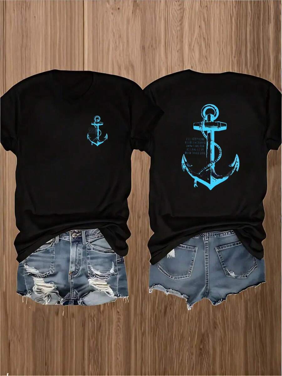 Camiseta S G de color sólido, de doble cara y multicolor, con estampado de patrón de ancla, suave y transpirable, adecuada para todas las estaciones, para la talla S y para viajes al - Negro - Ver 1