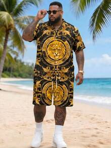 Men's Plus Size Lion Print Short Sleeve Shirt + Shorts Set, Casual Vacation 2-Piece Outfit - Multicolor - View 3