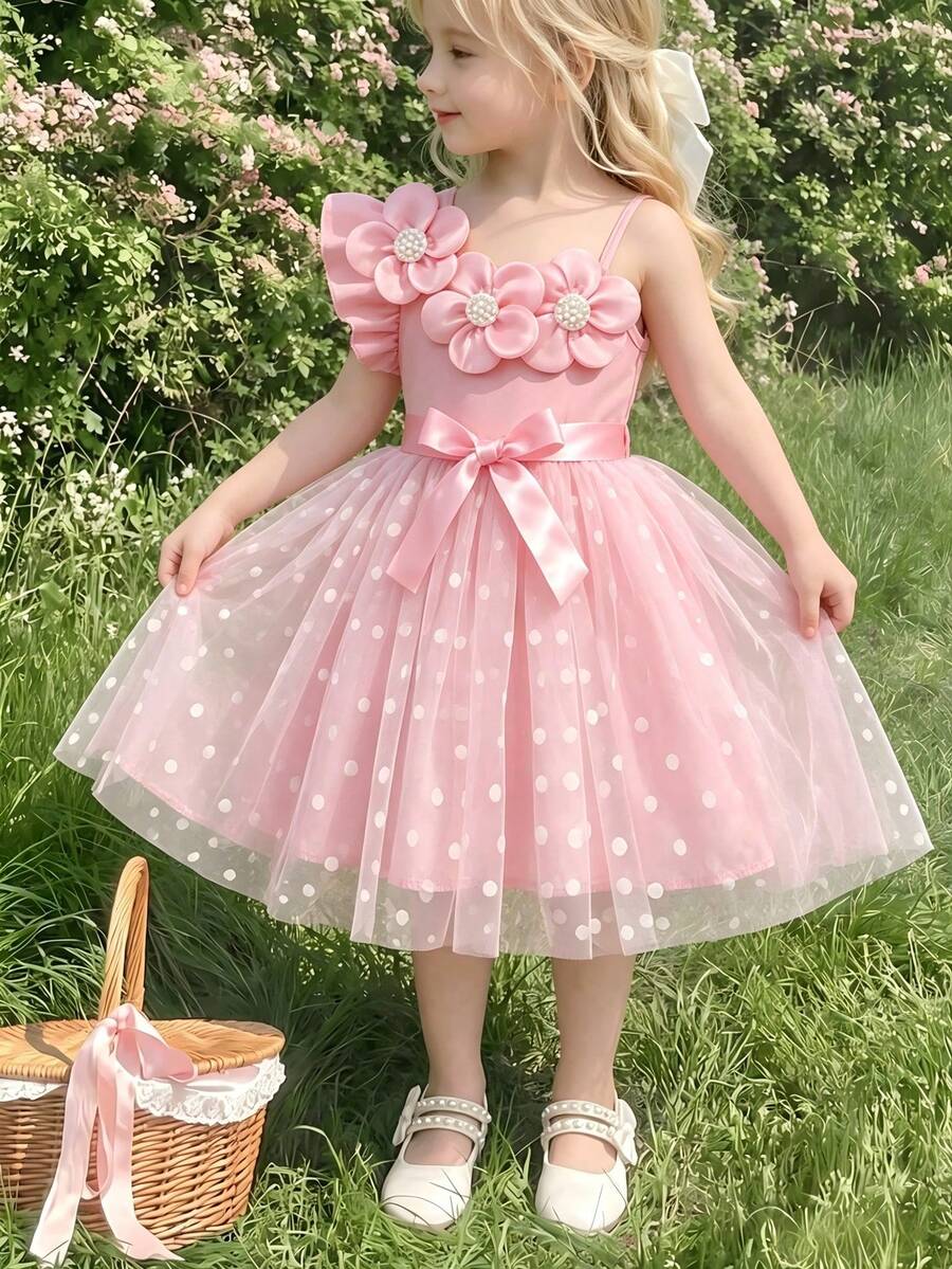 Girls' 3D Floral Decor Asymmetric Shoulder Dress With Spaghetti Straps, Asymmetrical Ruffle Hem, Pearl Design, Mesh Patchwork And Polka Dot Skirt, Sweet Princess Style - Pink - View 1