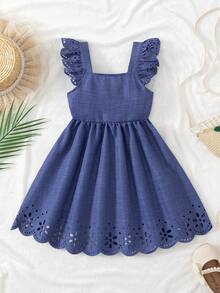 BASUSARRI Burnout Hollow Out Small Flutter Sleeve Square Neck Dress Back Detachable Bow Hem Hollow Out Straight Dress Versatile Elegant Lady Style Girls Dress - Navy Blue - View 3