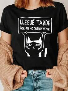 Camiseta Casual Deptiva para Mujer con Estampado Gráfico de un Lindo Gato y Frase en Español, Cuello Redondo, Suave y Elástica, Lavable a Máquina, Ajuste Cómodo para Todas las Temporadas - Negro - Ver 1