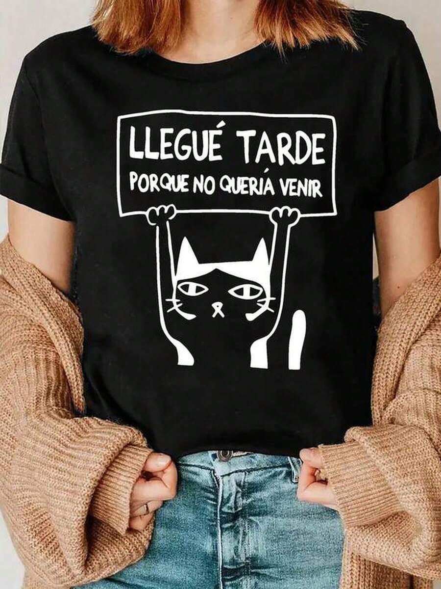 Camiseta Casual Deptiva para Mujer con Estampado Gráfico de un Lindo Gato y Frase en Español, Cuello Redondo, Suave y Elástica, Lavable a Máquina, Ajuste Cómodo para Todas las Temporadas - Negro - Ver 1