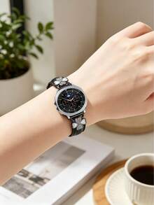 1件白色兼容 Galaxy Watch 8 40mm 44mm 男女款超細纖維錶帶，鑲嵌人造鋯石時尚金屬扣替換錶帶，超薄舒適防汗，適合 4.3 至 6.5 英吋手腕周長，優雅時尚，適用商務/約會/婚禮/派對/日常穿搭，送給她的可愛禮物，智慧手錶替換錶帶配件 - 黑色+黑 - 查看 6