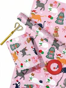 1 Roll Of Christmas Gift Wrapping Paper Featuring Cartoon Christmas Cats And Christmas Tree Patterns;Perfect For Christmas Gift Wrapping,Holiday Party Decor,Home Festive Decoration,DIY Craft,Festive Favour Wrapping Dimensions: 43 Cm X 300 Cm. - A - View 6