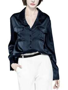 Blusa formal de manga larga brillante con bolsillos de solapa para mujer - Azul - Ver 10
