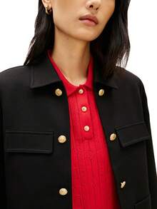 Chaqueta  de Frente Abierto con Botones, Manga Larga, Estilo Casual de Negocios, Blazer Casual para Mujer - Rojo primario - Ver 2