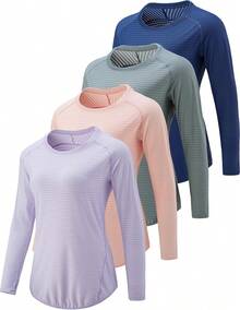 Paquete de 4 camisetas de manga larga para mujer con agujeros para el pulgar, camisetas de entrenamiento atléticas de ajuste seco con cuello redondo - a/Verde Menta/Melocotón Suave/Amarillo Mantequilla - Ver 16