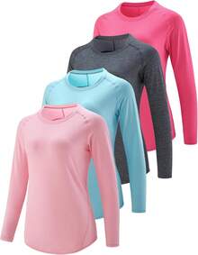 Paquete de 4 camisetas de manga larga para mujer con agujeros para el pulgar, camisetas de entrenamiento atléticas de ajuste seco con cuello redondo - a/Verde Menta/Melocotón Suave/Amarillo Mantequilla - Ver 18