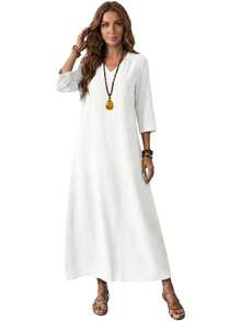 Genérico Vestido Largo de Lino de Algodón para Mujer,Manga 3/4,Vestido de Moda con Cremallera Trasera,Vestidos Largo Casual,para Playa,Invitado - Blanco - Ver 7