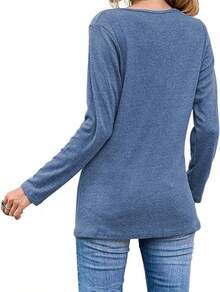 Fisoew - Blusa casual de manga larga para mujer, cuello redondo, botones laterales - Negro - - Ver 4