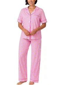 Room Service - Conjunto de pijama para mujer, manga corta, suave, elástico, con botones, pantalones de pierna abierta, juego de descanso de 2 piezas - Flor de tierra azul - Ver 8