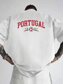 Portugal-Doppelprint-T-Shirt, lockere Passform mit überschnittenen Schultern, waschbarer Rundhalsausschnitt, sportliches und lässiges Outfit für Fußballfans. - Weiss - Übersicht 2