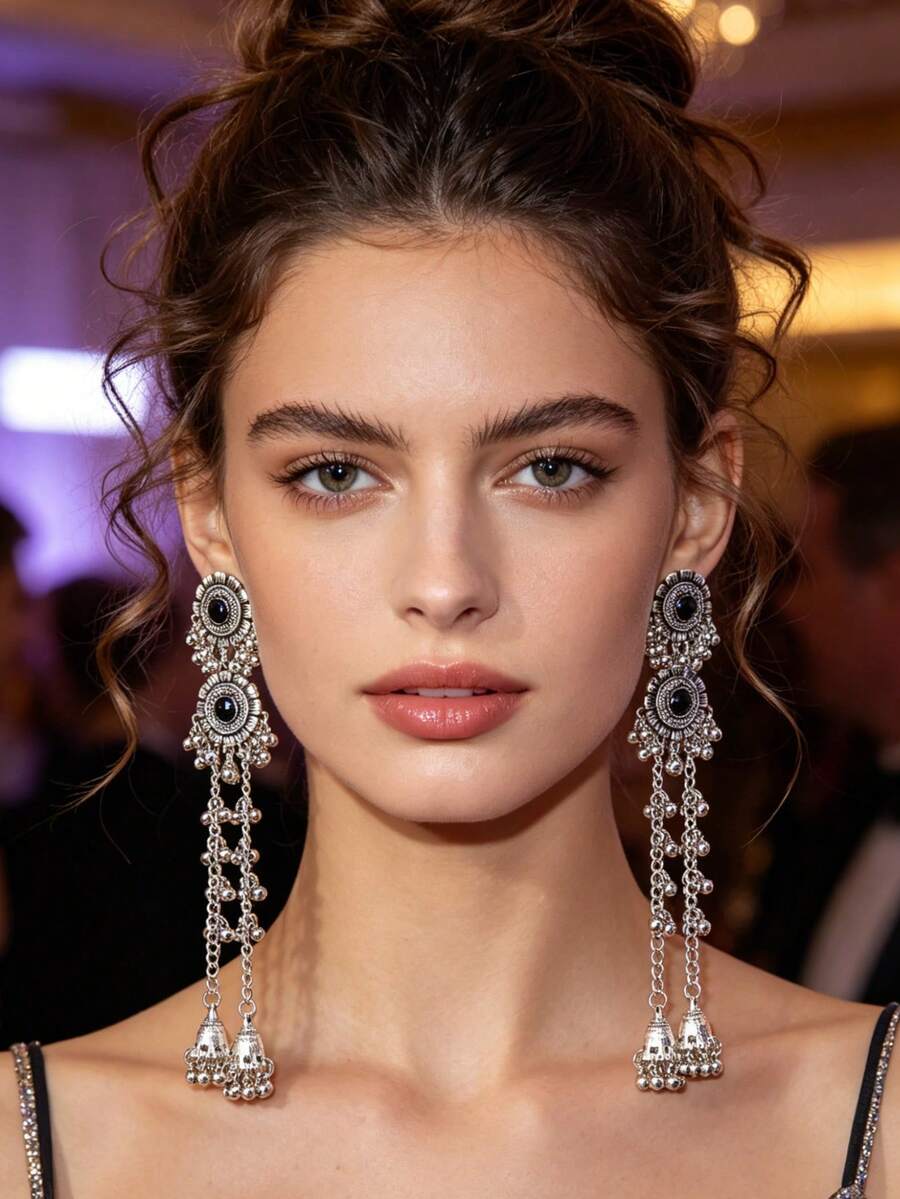 Bohemian Style Long Bell Tassel Pendant Earrings, Vintage Silver Rhinestone Floral Jhumka Earrings For Evening Party Wear - Tassel Style - View 1