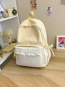 Gingham Spliced Mini Polka Dot Backpack With Lace Ruffle Trim And Side Bow, Lightweight College Student Backpack For Daily Commute & Back-To-School - Multicolor - View 14