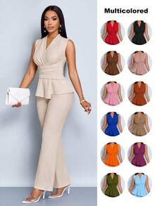 Conjunto de dos piezas de camiseta de manga larga con cuello en V elegante y pantalones de pierna ancha de color albaricoque para mujer, con - Negro - Ver 2