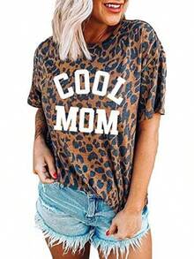 Camiseta de manga corta con estampado de leopardo para mujer, camiseta de mamá con estampado de guepardo. - Negro - Ver 7
