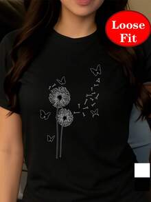 Camiseta de manga corta con cuello redondo y estampado de diente de león y mariposa, top casual de primavera/verano, ropa de mujer de talla grande. - Negro - Ver 3