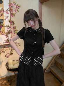 Summer New Black & Polka Dot Puff Collar Short Sleeve T-Shirt, Fitted Flattering Design, Versatile Top Casual - Black - View 4