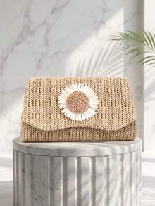Women's Straw & Velvet Evening Bag With Chain Strap, Suitable For Beach And Formal Parties - Gold - View 1
