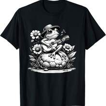 Frog Playing Guitar Banjo, Cottagecore Aesthetic Floral T-Shirt - Black - View 1