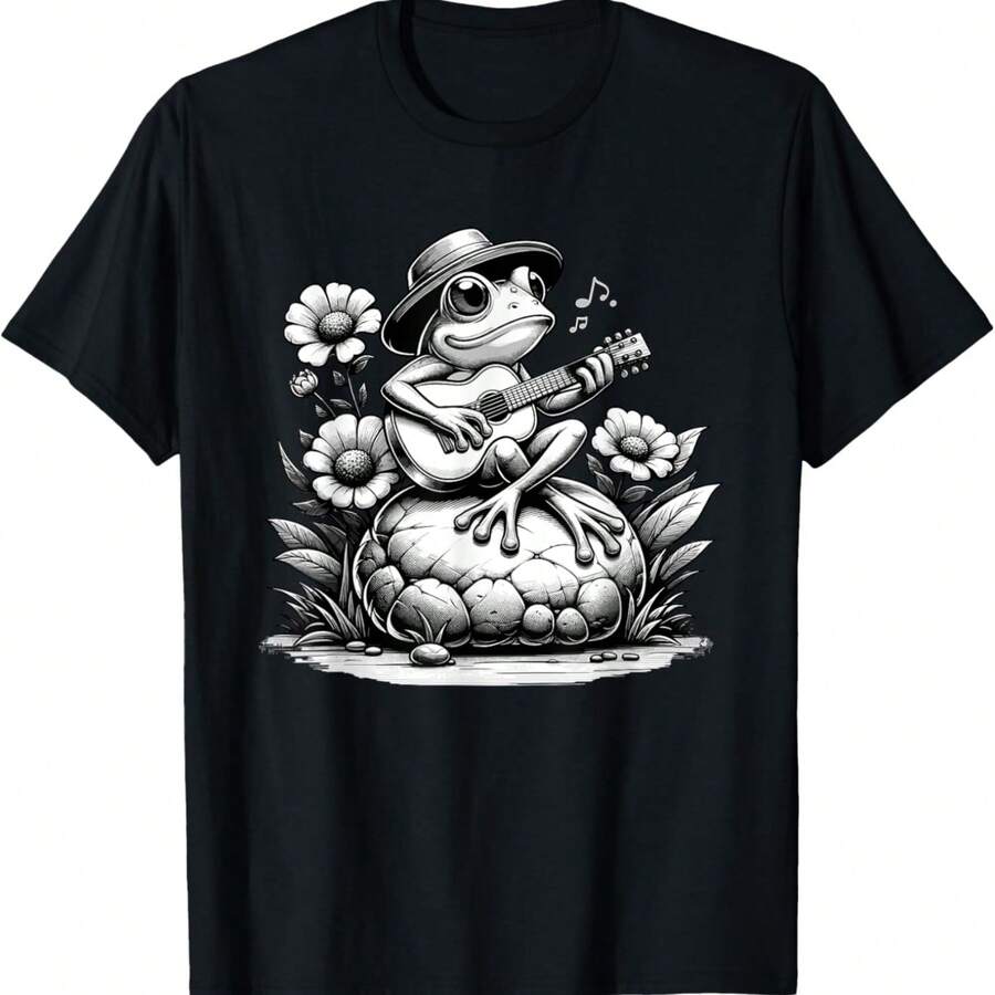 Frog Playing Guitar Banjo, Cottagecore Aesthetic Floral T-Shirt - Black - View 1