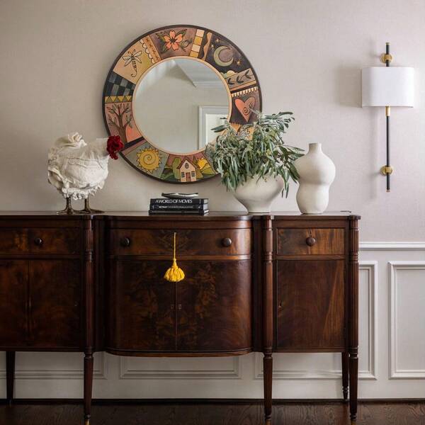 Cross-Border Vintage Pastoral Style Round Mirror Decorative Painting American Country Wall Hanging Mirror Art Makeup Mirror
