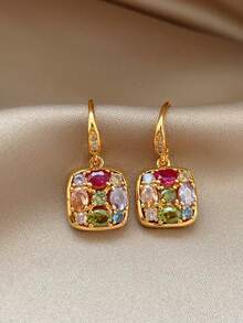 1 Pair Fashionable Luxury Exquisite Geometric Inlaid Colorful Cubic Zirconia Unique High-End Design Suitable For Ball Party Gathering Copper Alloy Women's Earrings - Multicolor - View 6