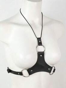 1件裝女款黑色龐克風倒Y型PU皮革細肩帶胸部束帶身體飾品，適合音樂節、派對、演唱會或表演 - 黑色 - 查看 5