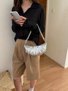 Bolso de mujer 2026 nueva moda estilo croissant dumpling, bolso para teléfono, bolso de hombro, bolso cruzado pequeño - Plateado - Ver 5