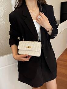 Hevel 新款時尚純色草編迷你單肩包 街頭通勤斜挎包 極簡女款鏈條小方包 - 米色 - 查看 8