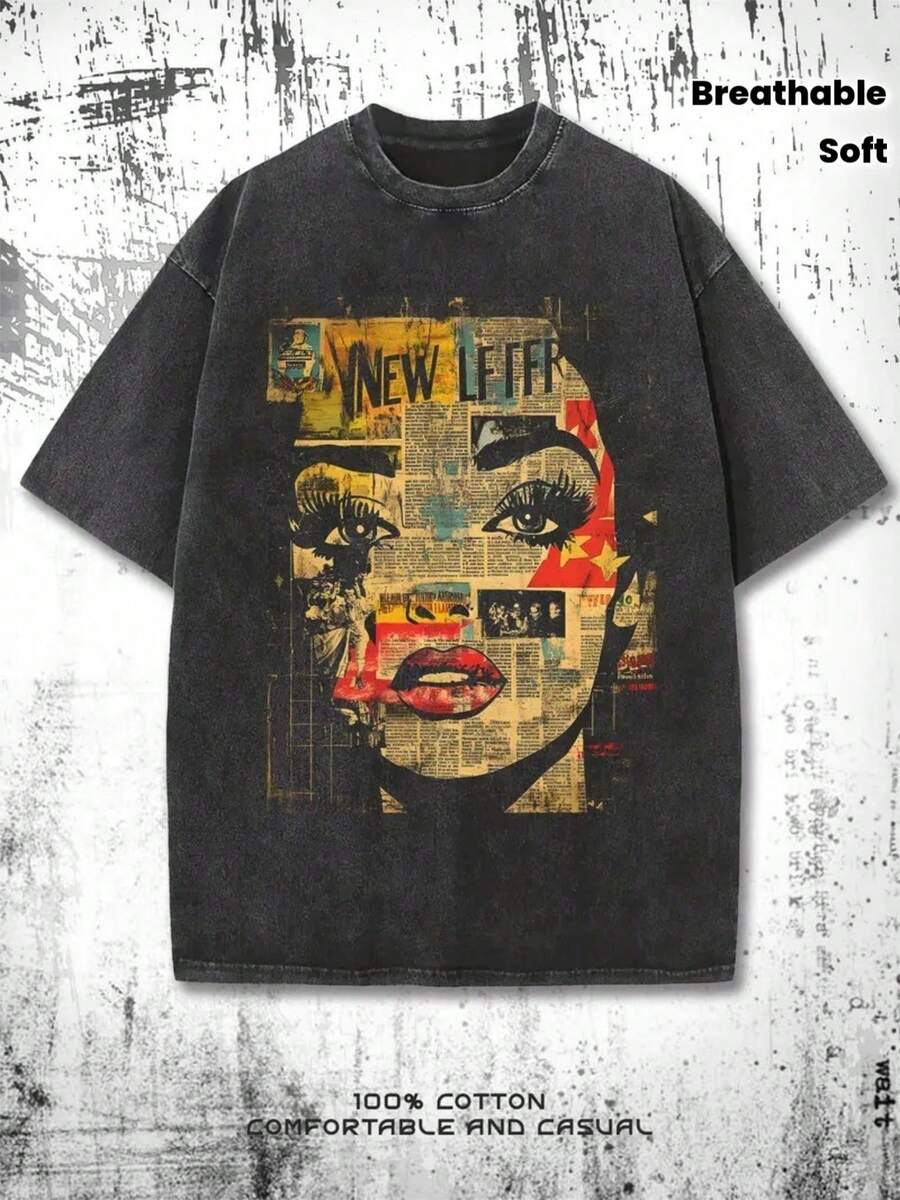 iseta Vintage Lavada de 230 g/m² para Mujer | Camiseta de manga corta con cuello redondo, suave y agradable al tacto, con diseño retro de collage de periódicos y letras - Top casual de ver - Negro - Ver 1