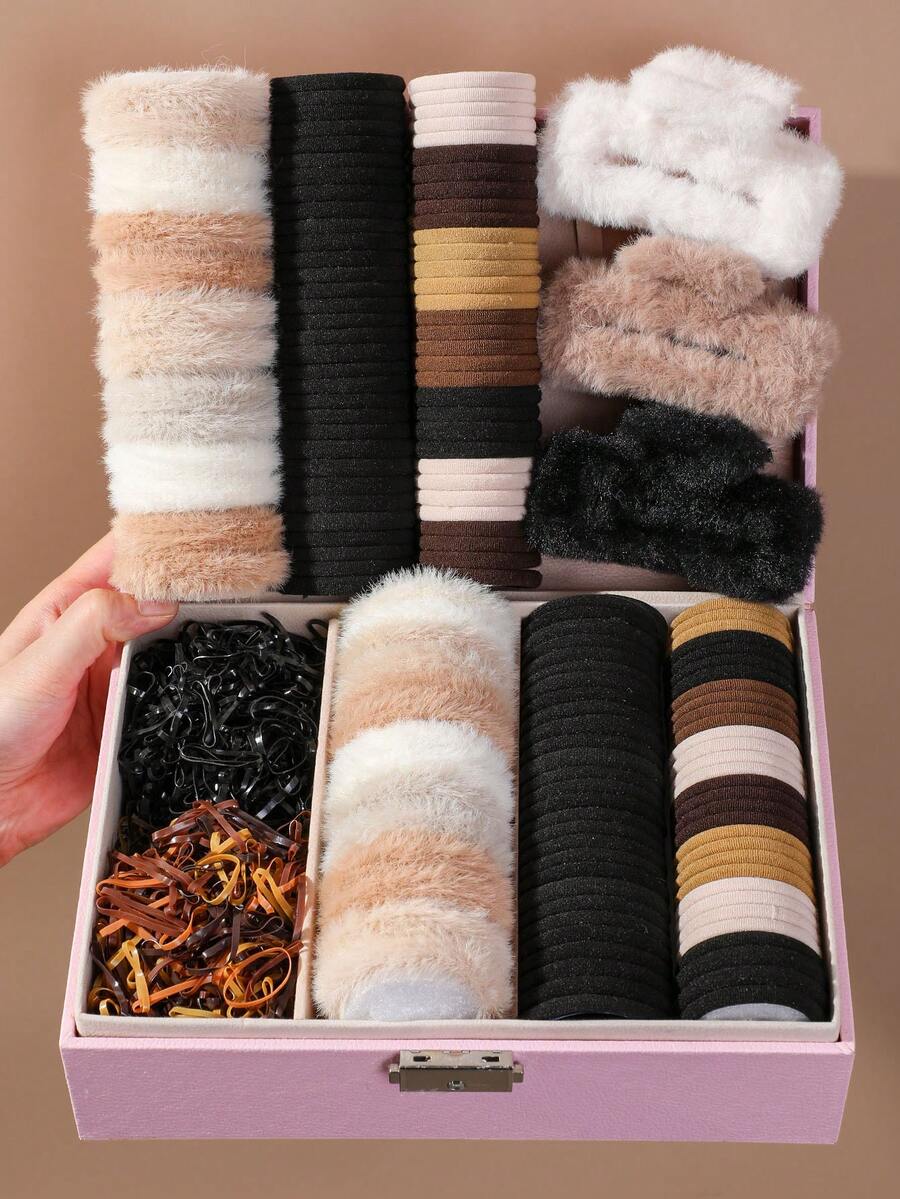 727 piezas de ligas para el cabello de felpa en tonos marrones para niñas, accesorios para el cabello de princesa lindos, bandas elásticas de alta elasticidad, duraderas y no dañinas, pequeñas ligas de goma, pinza de felpa grande para el cabello, adecuadas para uso diario - Multicolor - Ver 1