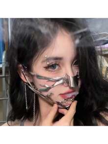 1pc European And American Cyberpunk Metal Mask, Niche Design Asymmetric Fluid Face Shield Face Accessory - Multicolor - View 2