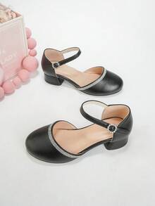 Girls' 30-37 Size Pointed Toe Rhinestone Hollow Ankle Strap Chunky Heel Pumps, New Fashion Party Wedding Style Solid Color Princess Shoes - Black - View 2