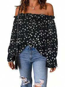 Spriolim - Blusa de gasa de manga larga con volantes y hombros descubiertos para mujer - 32 Azul Floral - Ver 10